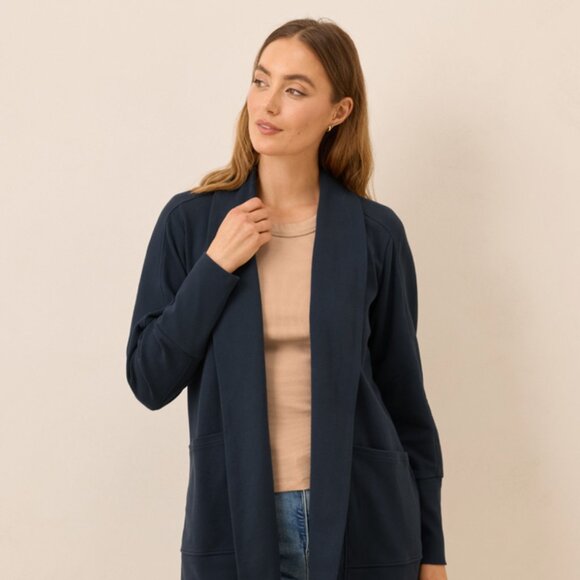 Chico's Women's Navy Blue Shawl Collar Asymmetrical Open Front Cardigan Sz 1/M - Picture 11 of 11